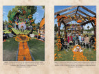 Two images of decorated altars and pathways at a cemetery, likely for Dia de los Muertos celebration.