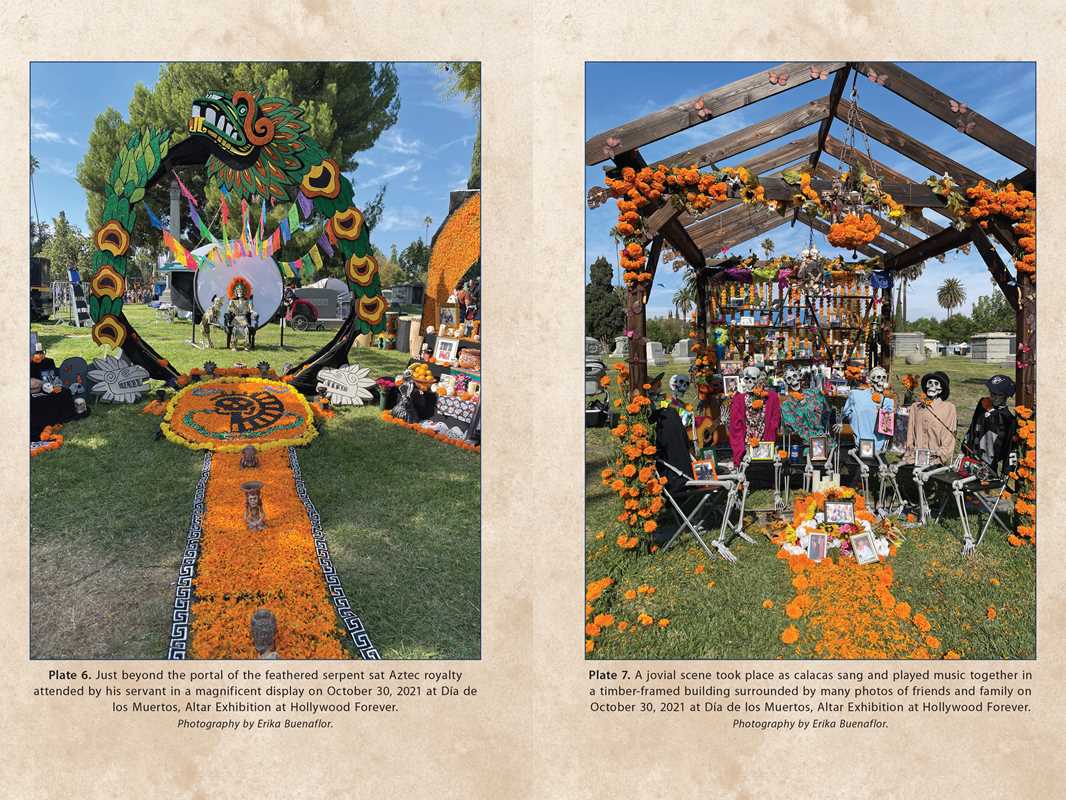Two images of decorated altars and pathways at a cemetery, likely for Dia de los Muertos celebration.